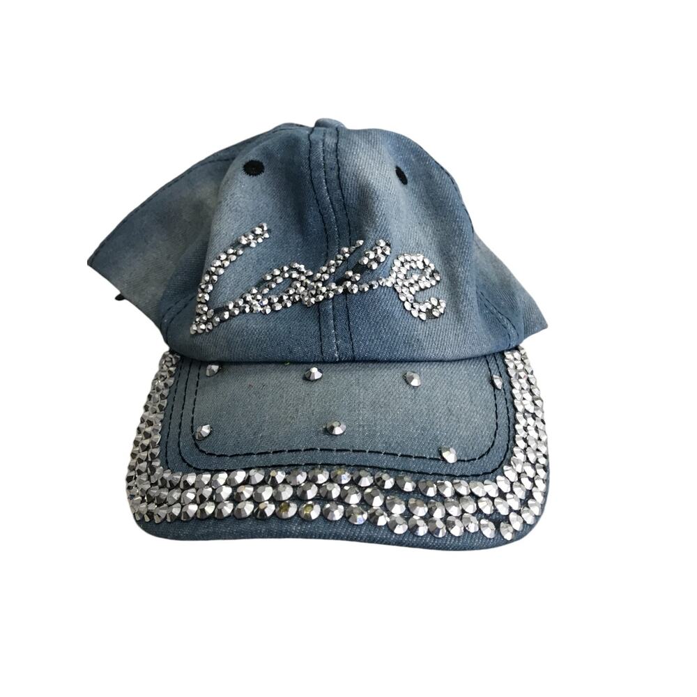 Womens Denim Baseball Hat Blue Love Bling Rhinestone Adjustable Strap Jean Cap